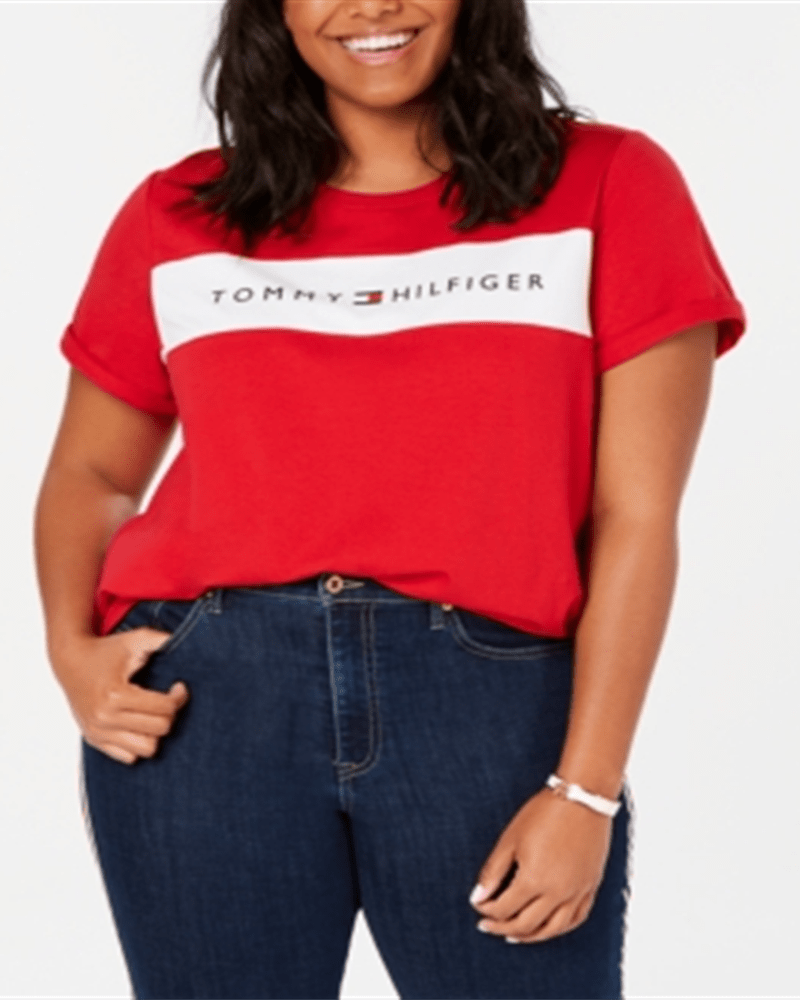 Front of a model wearing a size 0X Tommy Hilfiger Sport Plus Size Logo-Graphic T-Shirt Red Size 0X in Red by Tommy Hilfiger. | dia_product_style_image_id:313710